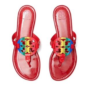 Tory Burch Red Patent Leather Miller Sandals with Colorful Logo Size 7